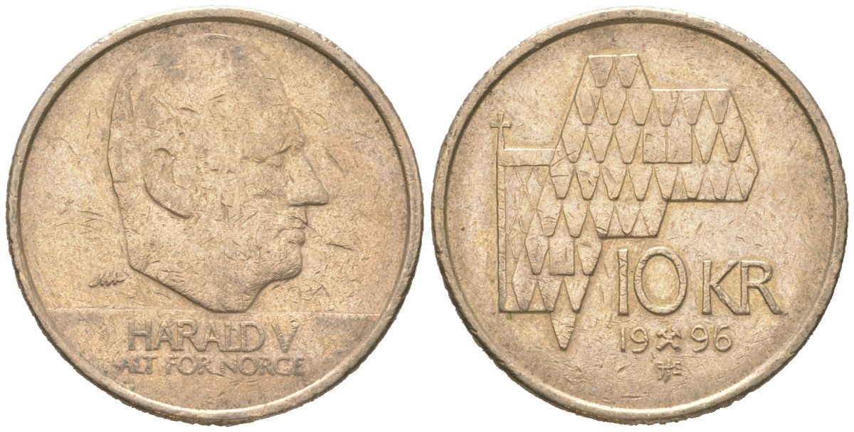 Норвегия 10 крон 1995 Харальд V (1991-) KM 457 никель латунь 4364-3514