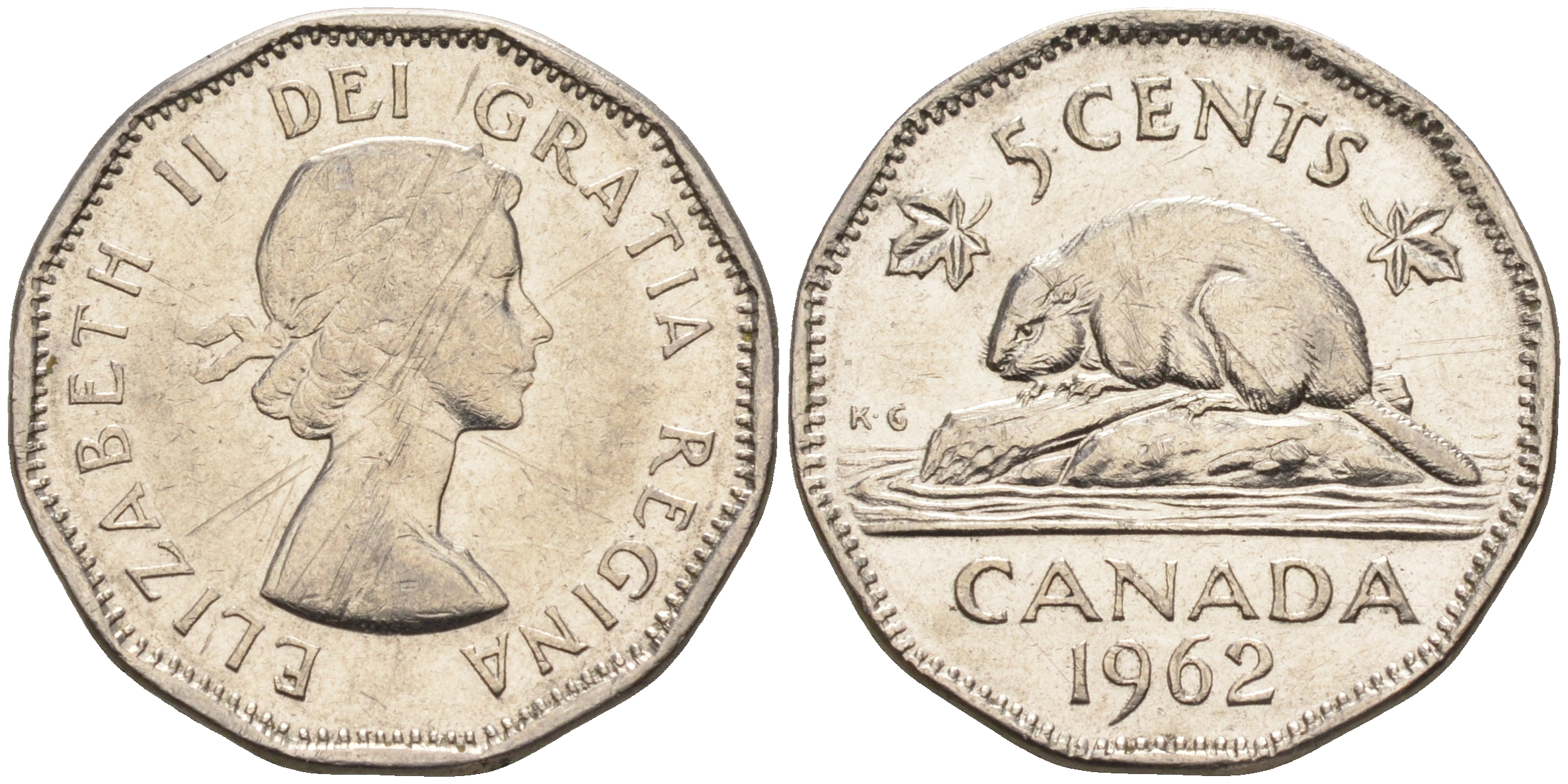 Канада 5 центов 1962 Елизавета II (1952-2022), бобер KM 50а никель 4148-1217