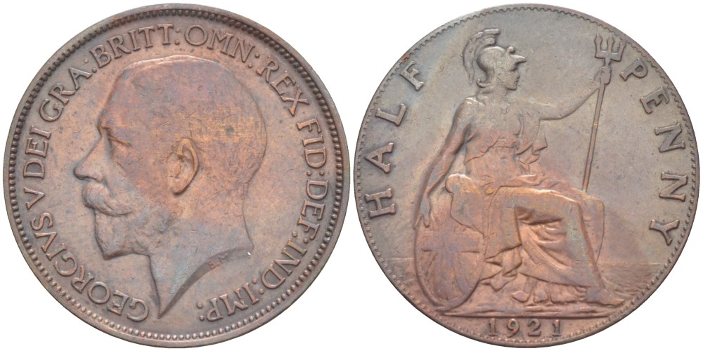 Великобритания 1/2 пенни 1921 Георг V (1910-1936) KM 809, Spink 4056 бронза 4519-713