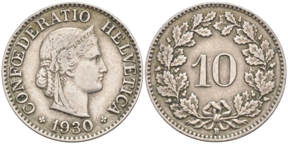 ШВЕЙЦАРИЯ 10 РАППЕНОВ 1930 В KM 27 медно-никель 3309-533