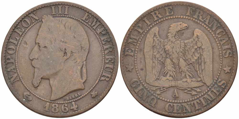 ФРАНЦИЯ 5 САНТИМОВ 1864 A, НАПОЛЕОН III (1852-1870) KM 797.1, LE FRANC 117.11 бронза 108-545