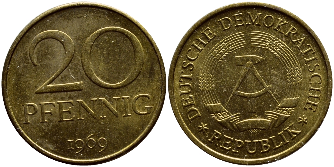 ГДР 20 пфеннигов 1969 А, первый год KM 11 латунь UNC 4398-844