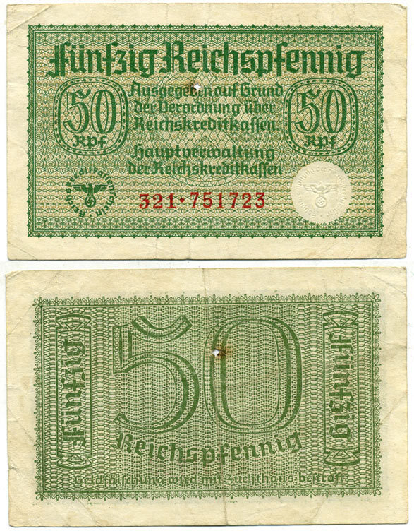 ГЕРМАНИЯ 50 РЕЙХСПФЕННИГОВ 1940-1945 ДЛЯ ОККУПИРОВАННЫХ ТЕРРИТОРИЙ Pick R135 бумага 3295-88-2-1
