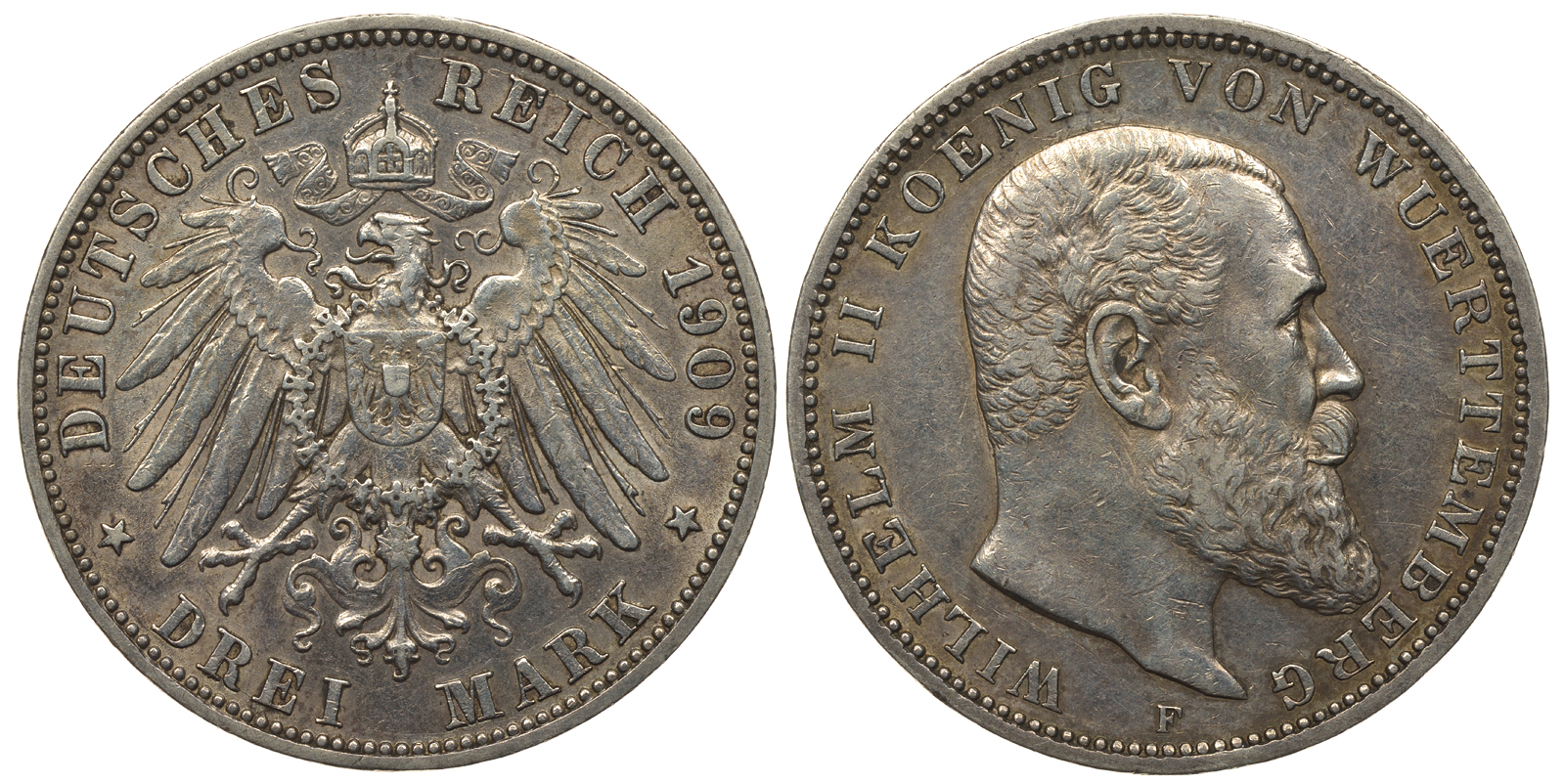 Вюртемберг 3 марки 1909 F, Вильгельм II (1891-1918) Weege 171, J.175, KM 635 серебро 00-000-00