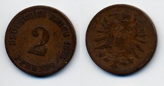 ГЕРМАНИЯ 2 ПФЕННИГА 1874 СТАРОГЕРБОВКА KM 2, J.2 медь 35-435