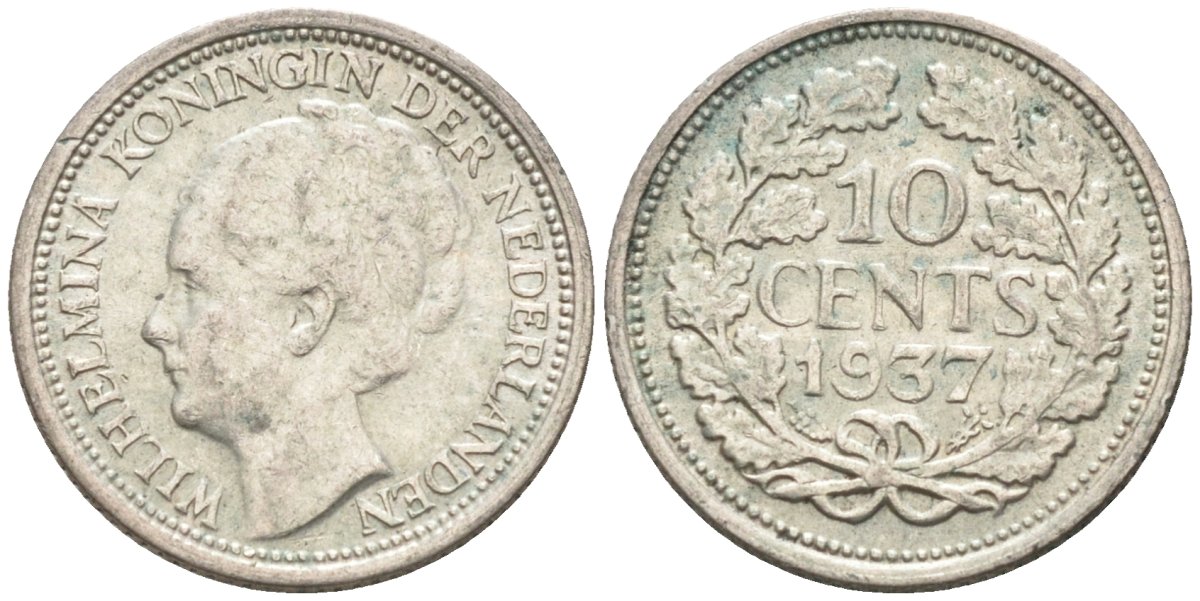 Нидерланды 10 центов 1937 Вильгельмина I (1890-1948) КМ 163 серебро 187-433