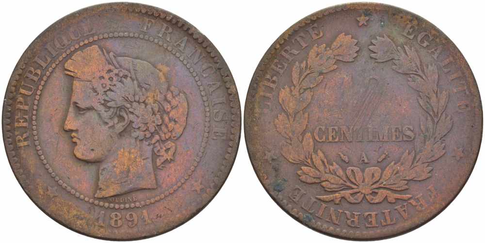 ФРАНЦИЯ 10 САНТИМОВ 1891 A, ТРЕТЬЯ РЕСПУБЛИКА (1871-1940) KM 815.1, LA FRANC 135.36 бронза 82-621