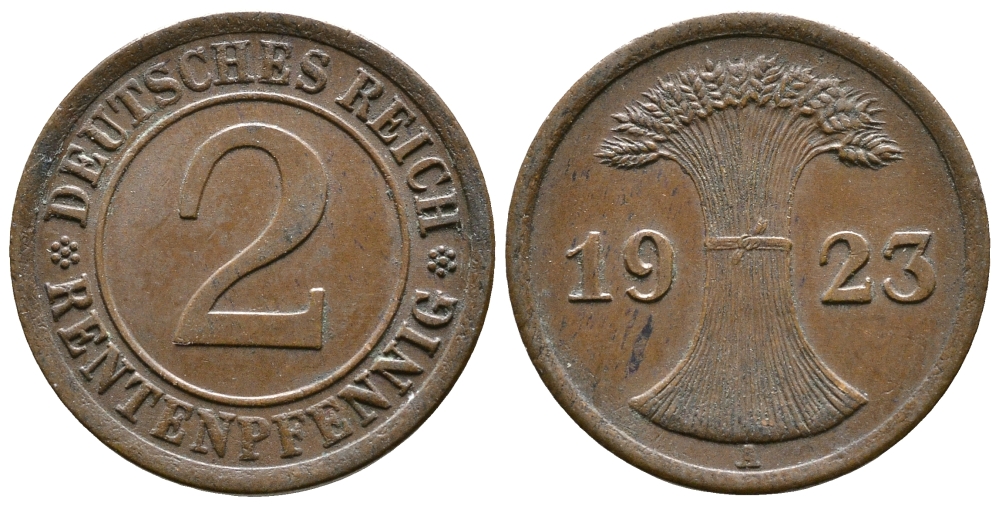 Германия 2 рентенпфеннига 1923 A KM 31, J. 307 бронза 4681-126