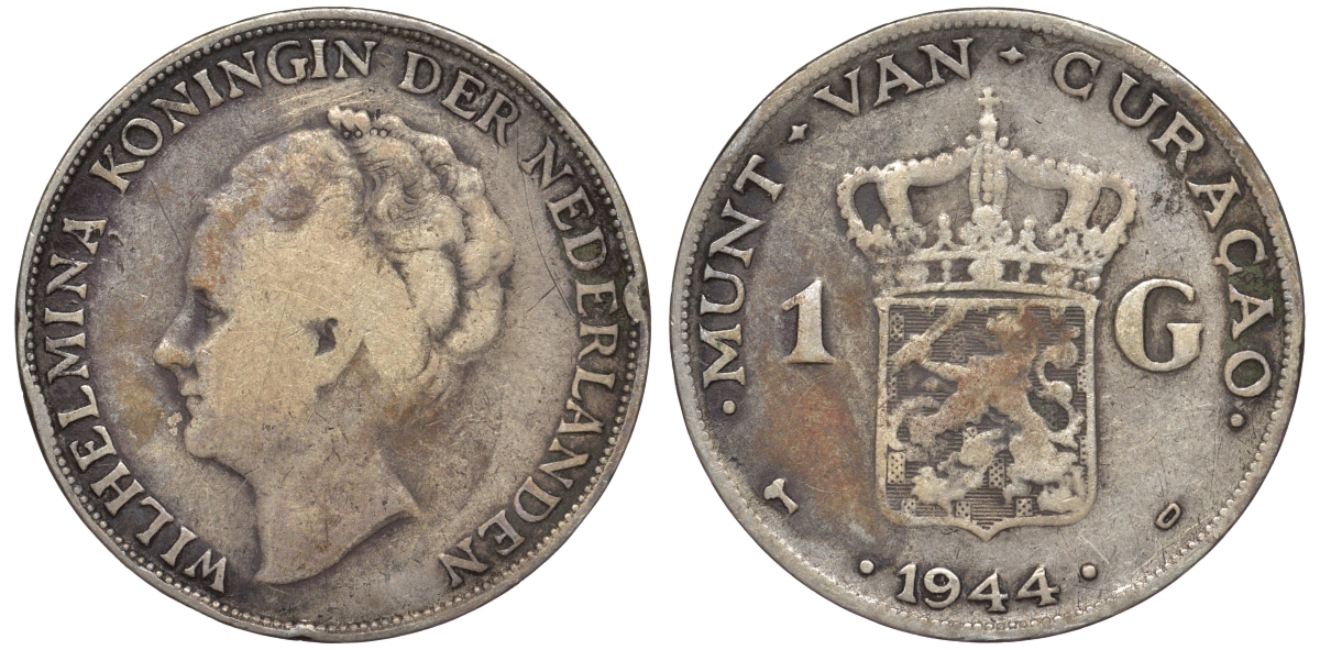 Нидерландское Кюрасао 1 гульден 1944 D, Вильгельмина (1890-1948) KM 45 серебро 36-416