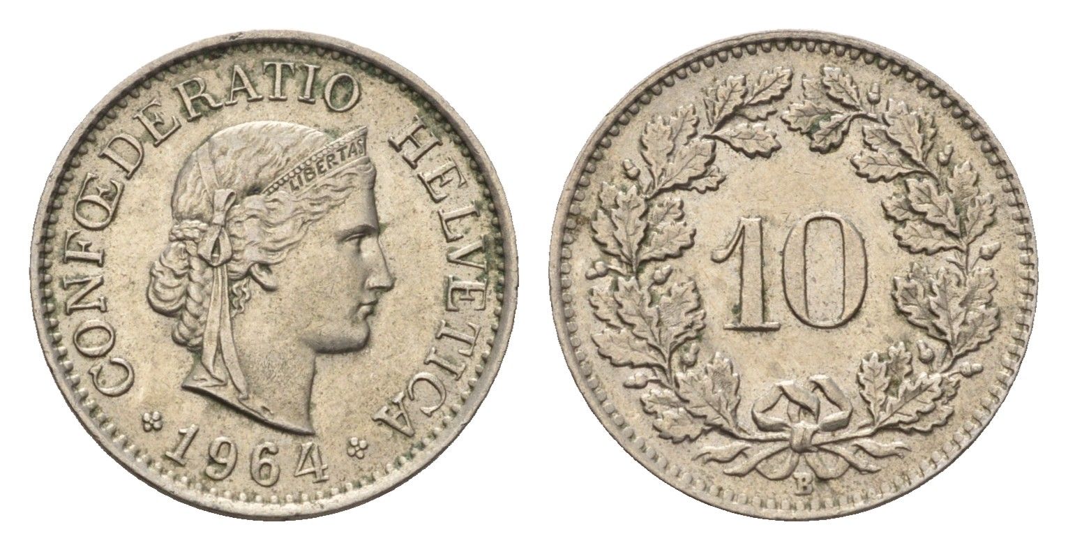 Швейцария 10 раппенов 1964 KM 27 медно-никель 4685-251