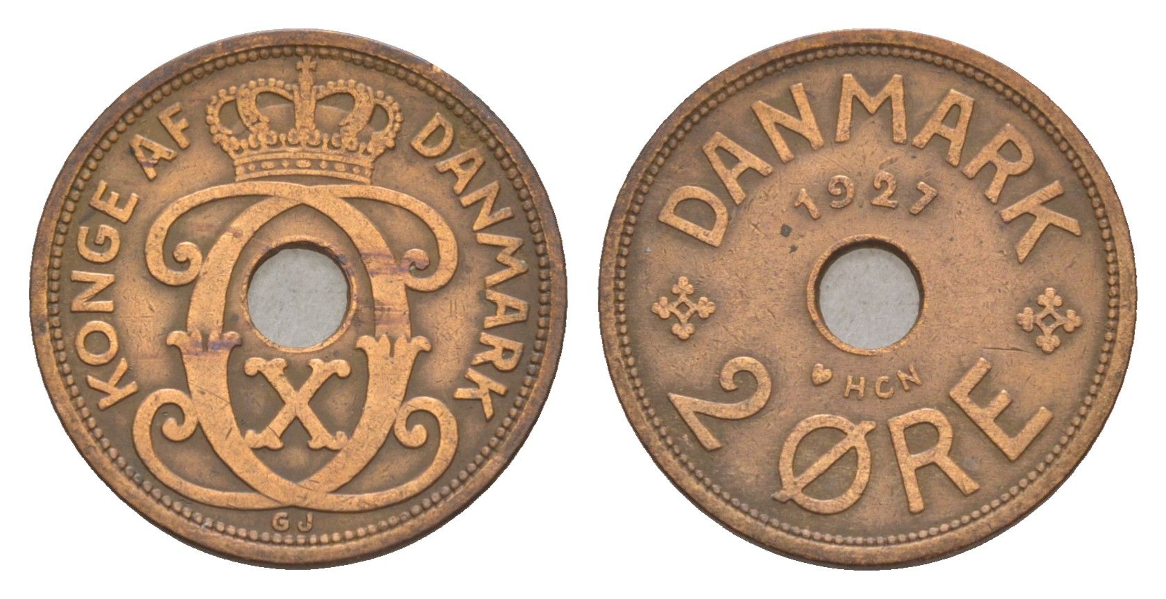 Дания 2 эре 1927 HCN, Кристиан X (1912-1947) KM 827 бронза 4658-163