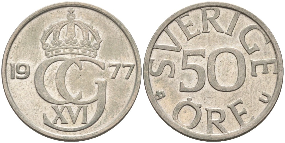 Швеция 50 эре 1977 U, Карл XVI Густав (1973- ) KM 855 медно-никель 73-1626