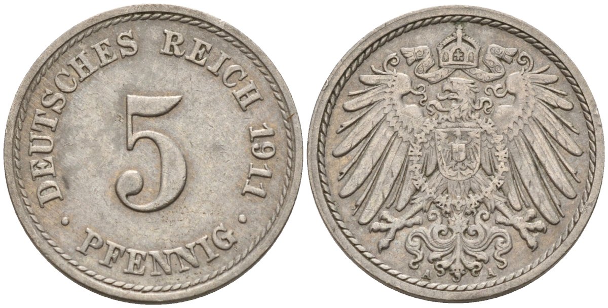 Германия 5 пфеннигов 1911 A KM 11, J. 12, Weege 6 медно-никель 4151-523