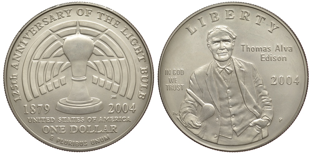 США 1 доллар 2004 P, 125 лет изобретению электрического света, Томасом Эдисоном KM 362 серебро UNC 00-000-00