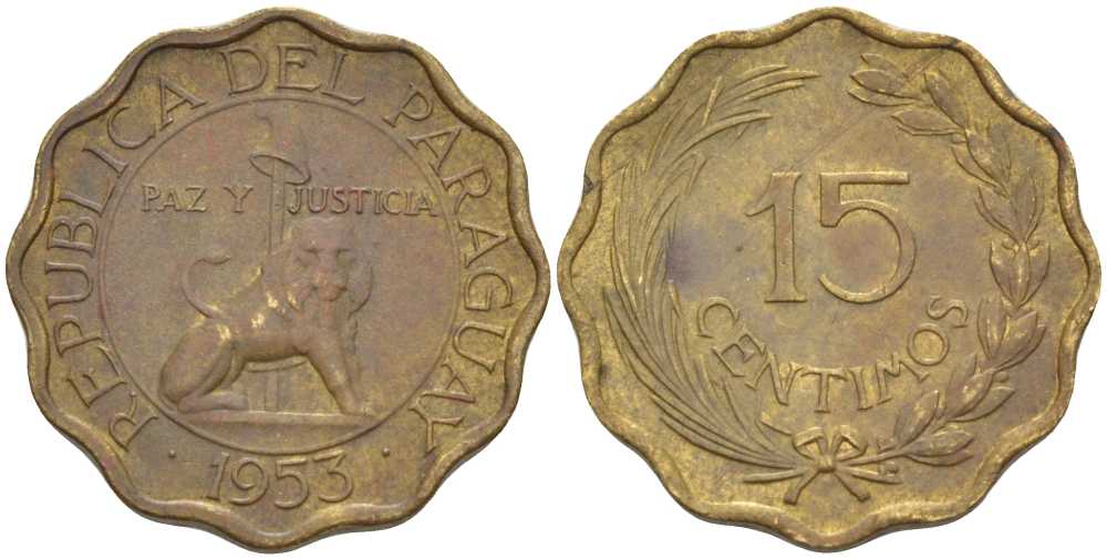 Парагвай 15 сентимо 1953 лев, фригийский колпак на шесте KM 26 алюминиевая бронза 57-1351