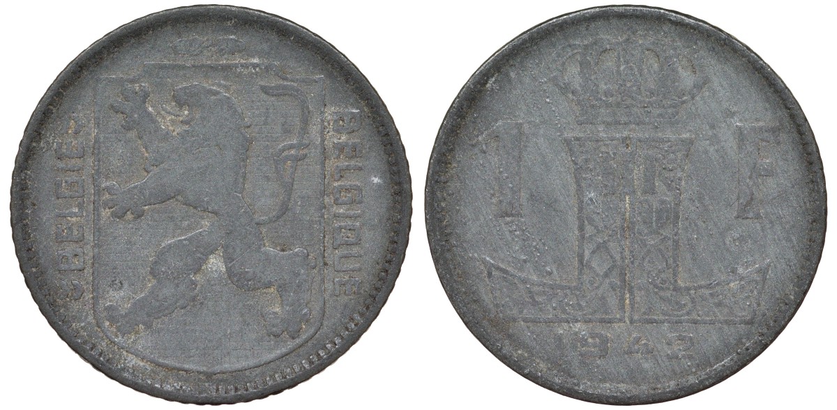 Бельгия 1 франк 1942 Леопольд III, Belgie-Belgique KM 128 цинк 4163-144