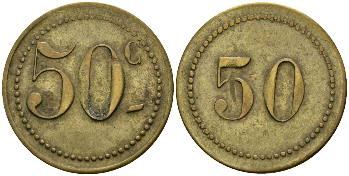 Франция 50 сантимов XIX-XX век ресторанный жетон латунь 4166-1245