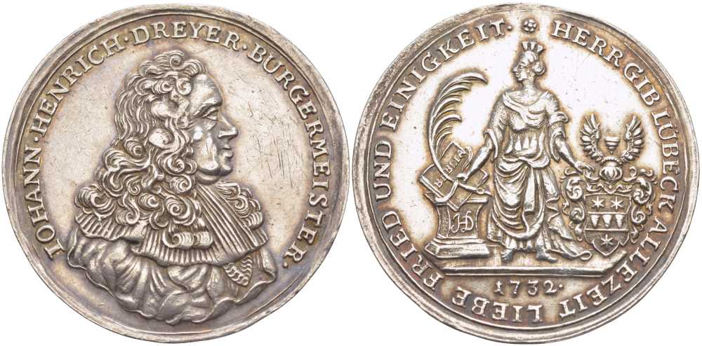 Любек медаль 1732 портрет бургомистра Иоганна Хейнриха Дрейлера диаметр 40,67 мм вес 14,13 гр. (rare), about extremely fine Behrens 715 a; R?hl 300.50 серебро 00-814-09