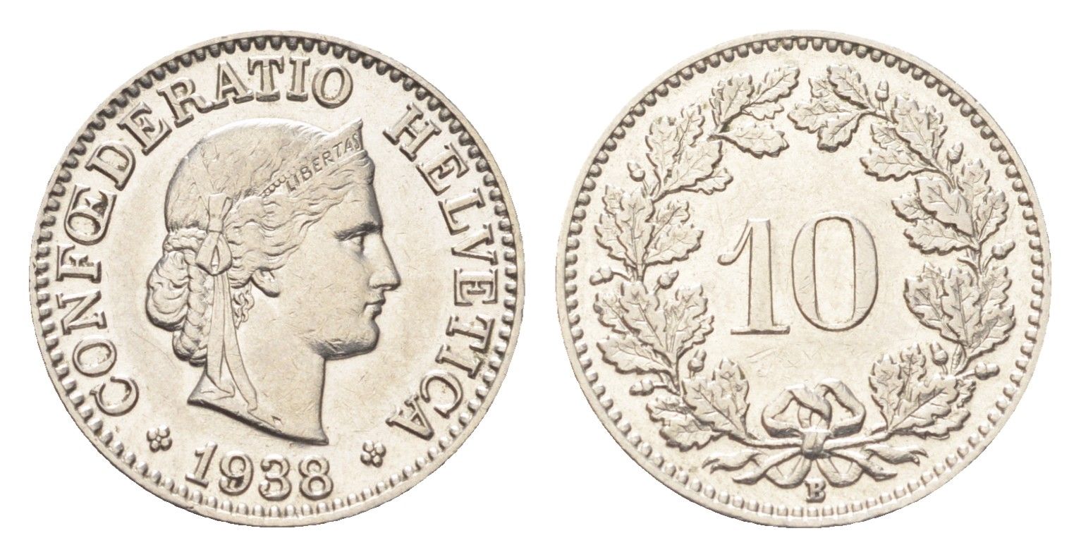 Швейцария 10 раппенов 1938 B KM 27b никель 4708-153