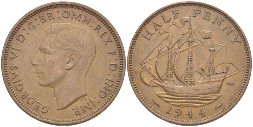 Великобритания 1/2 пенни 1944 Георг VI (1936-1952) KM 844, Spink 4115 бронза 51-2025