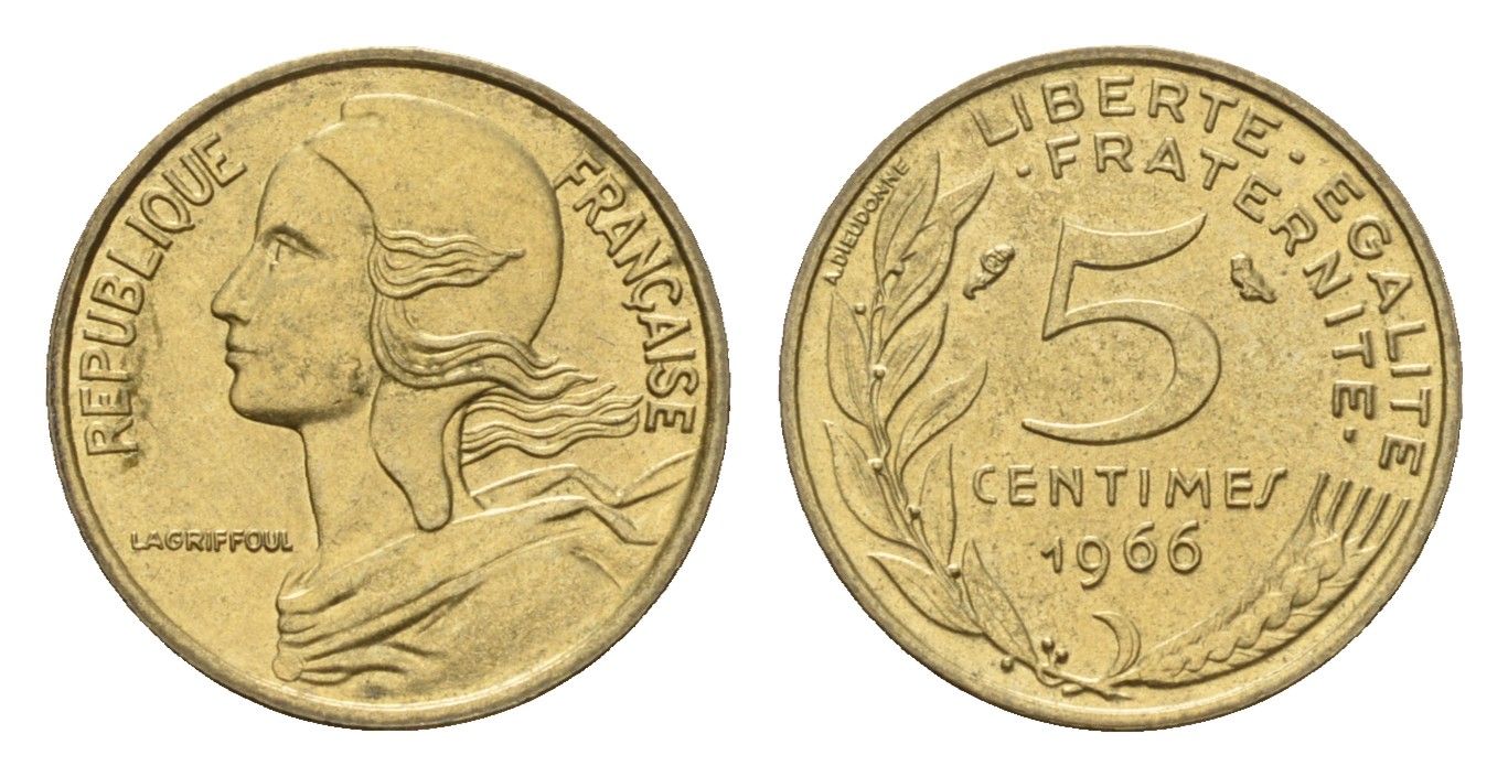 Франция 5 сантимов 1966 тип Marianne KM 933, Le Franc 125.2 алюминиевая бронза 4617-434