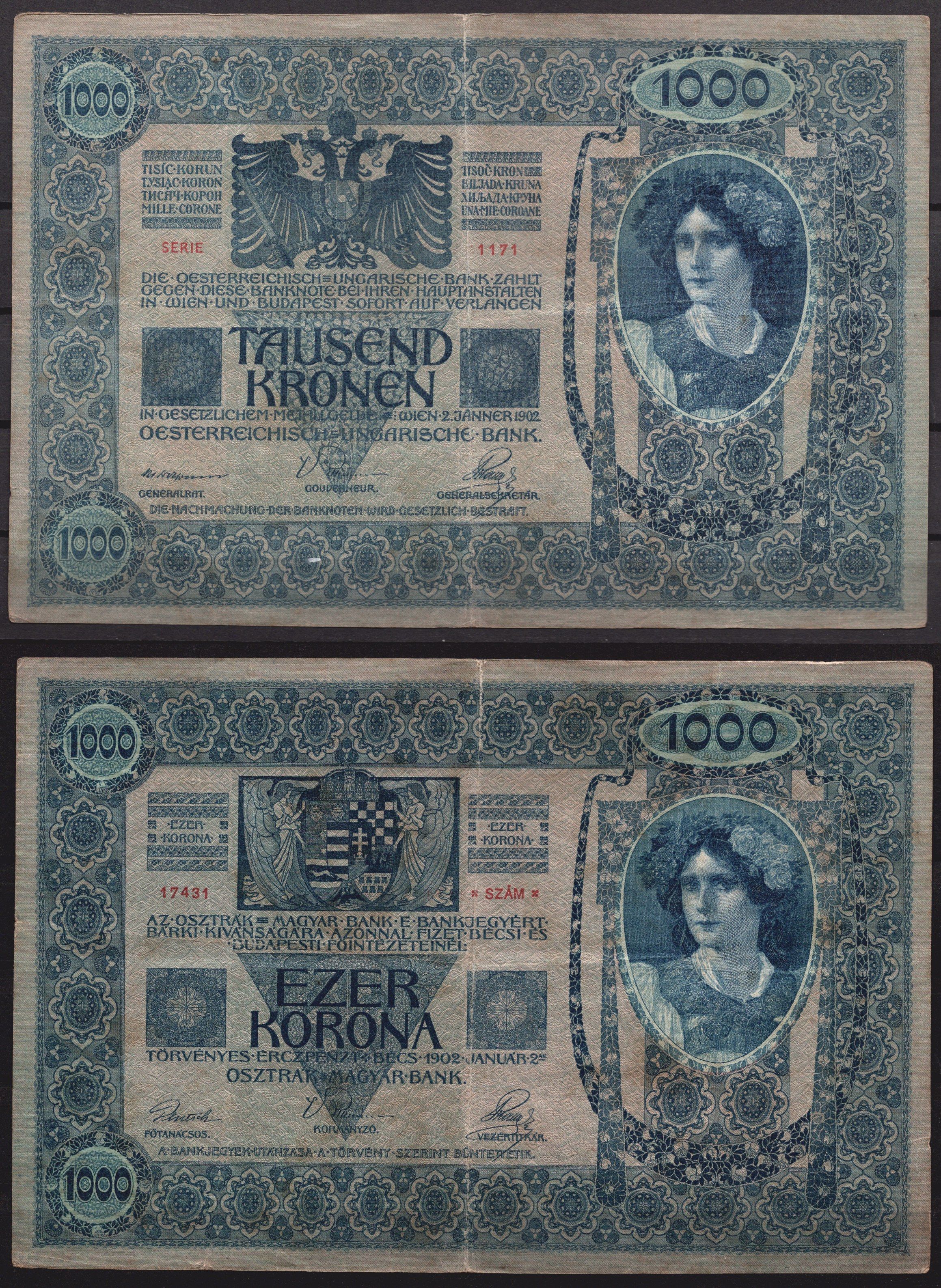 Австрия 1000 крон 1902 Женщина, австрийское знаме, с печатью Pick 8 бумага 7547-95-3-2