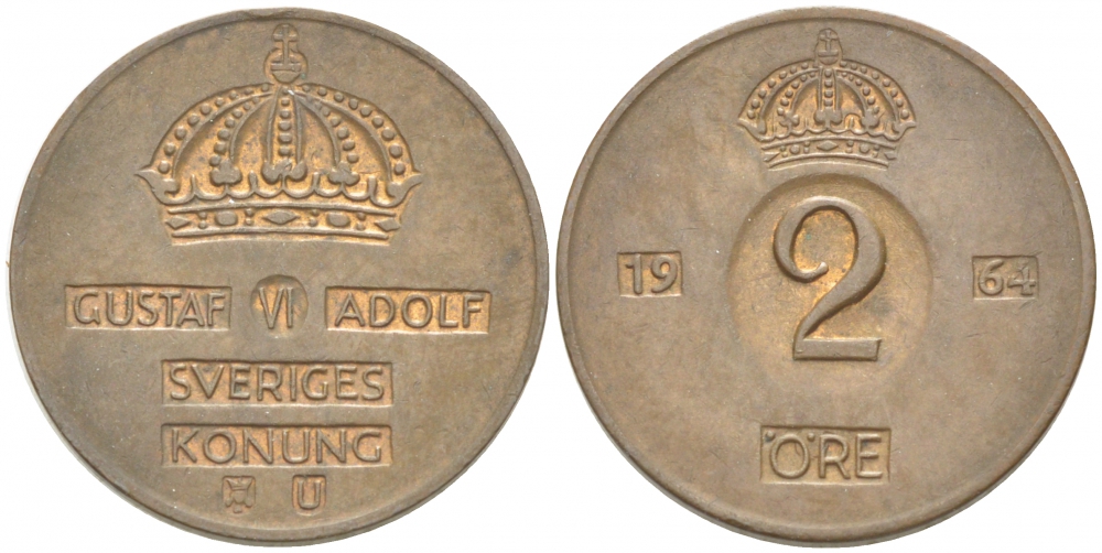Швеция 2 эре 1964 U, Густав VI Адольф (1950-1973) КМ 821 бронза 77-514