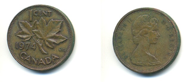 Канада 1 цент 1974 Елизавета II (1952-2022), кленовый лист KM 59.1 бронза 80-733