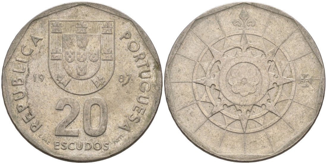 Португалия 20 эскудо 1987 KM 634 медно-никель 4572-1111