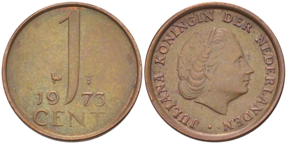 НИДЕРЛАНДЫ 1 ЦЕНТ 1973 КОРОЛЕВА ЮЛИАНА KM 180 бронза 3955-137
