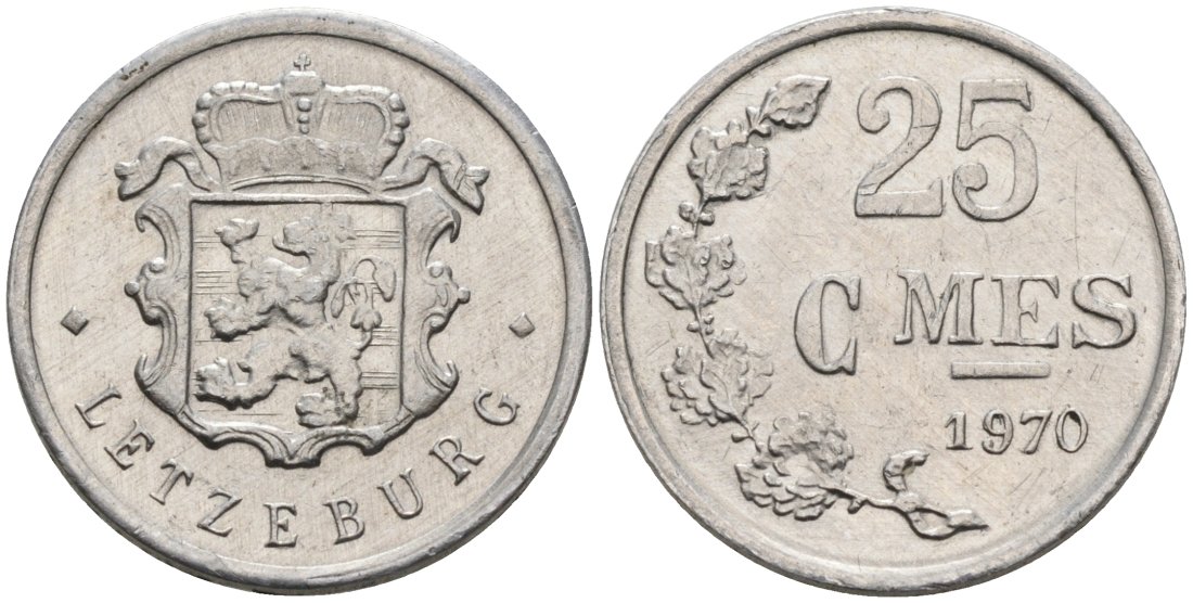 Люксембург 25 сантимов 1970 Герцог Жан (1964-1999) KM 45a.1 алюминий 4564-916