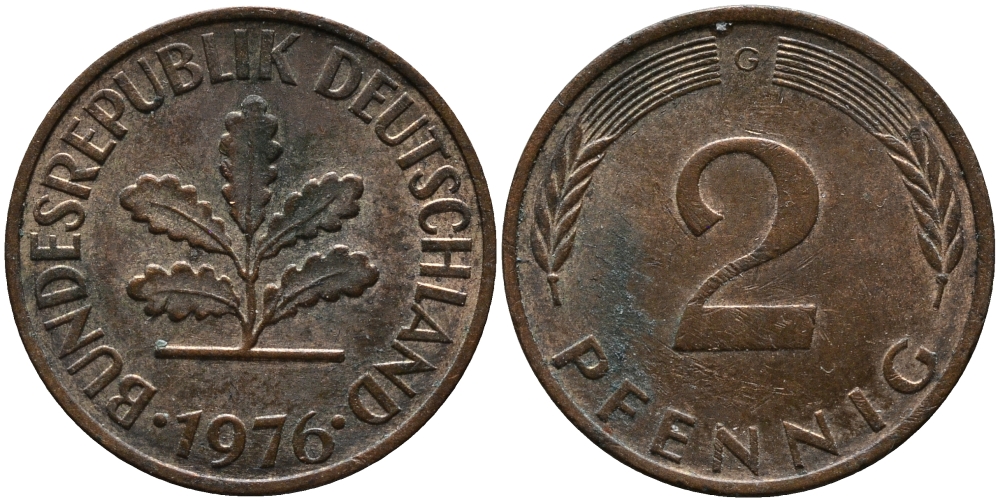 ФРГ 2 пфеннига 1976 G KM 106а, J.381а сталь плакированная медью 99-226