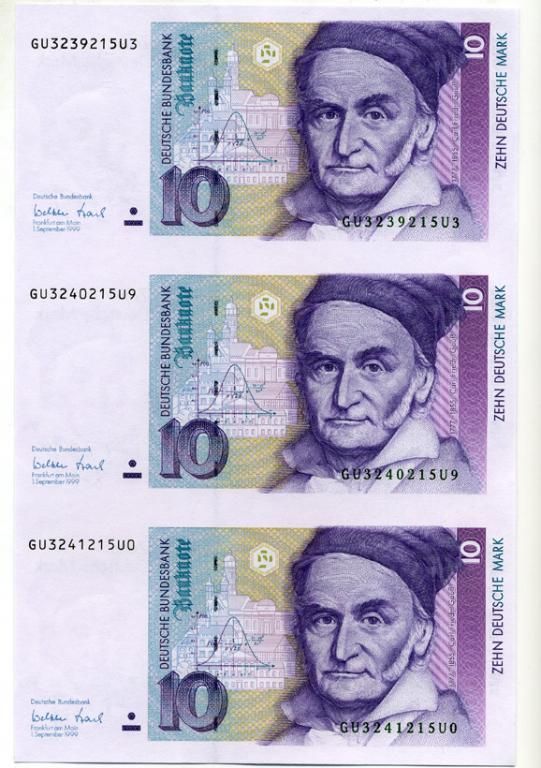 ФРГ 10 марок 1999 1 сентября 1999, Карл Фридрих Гаус, неразрезанные три боны Pick 38 d бумага UNC (пресс) 451-42-1