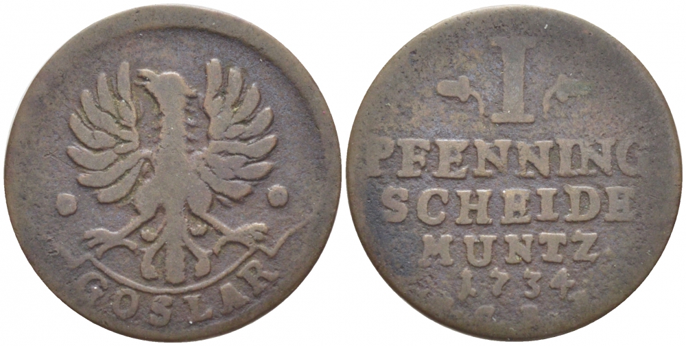 Гослар 1 пфенниг 1734 HCRF KM 106, Kluge 438 медь 112-1016