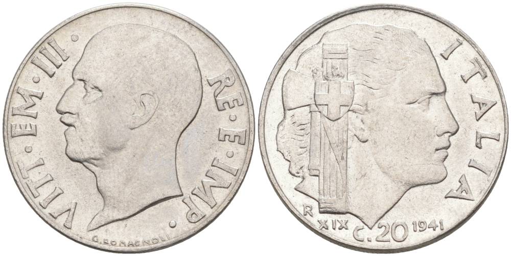 ИТАЛИЯ 20 ЧЕНТЕЗИМО 1941 R, ГОД XIX, ВИКТОР ЭММАНУИЛ III (1900-1946) KM 75b, VEM3. 1028 нержавеющая сталь 3853-813