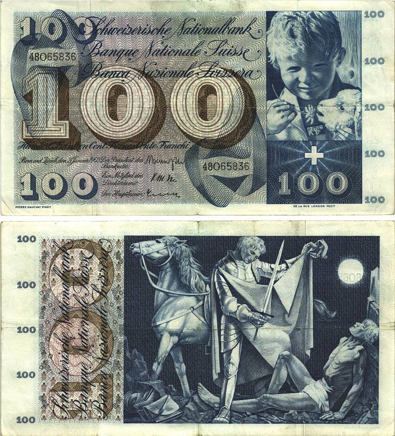 Швейцария 100 франков 1965 23 декабря 1965, серия 48 O, подпись 41 Pick 49 h бумага 8606-21-2-1