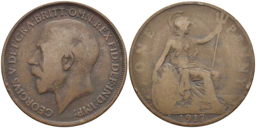 Великобритания 1 пенни 1917 Георг V (1910-1936) KM 810, Spink 4051 бронза 115-123