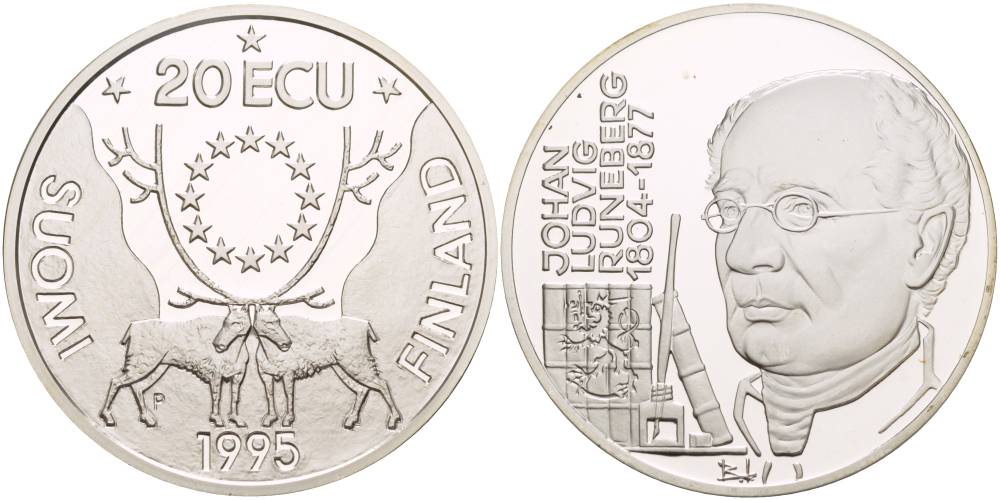 Финляндия 20 экю 1995 Йохан Людвиг Рунеберг серебро PROOF 1081-5-63