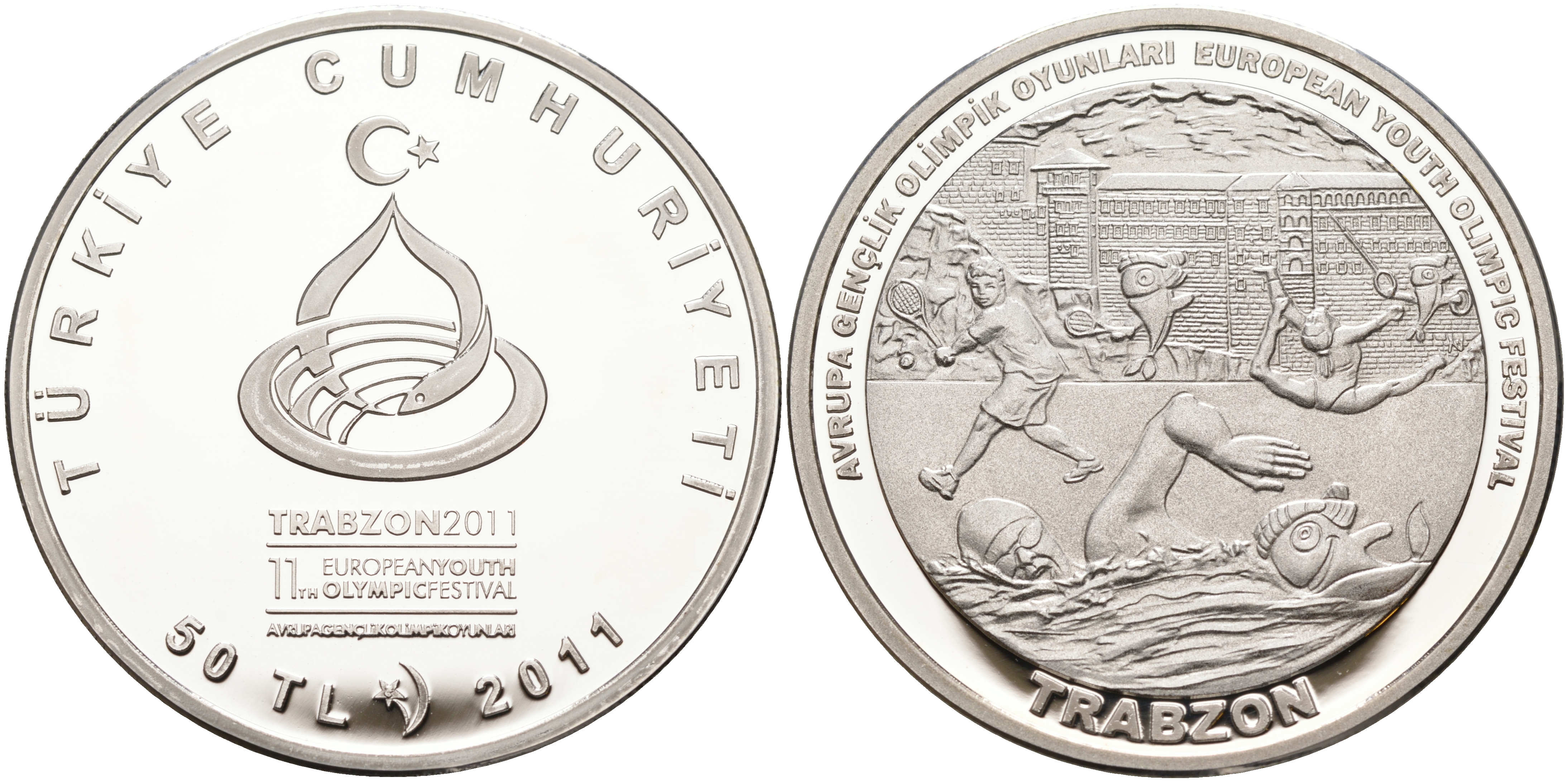 Турция 50 лир 2011 Европейский молодежный олимпийский фестиваль 2011 - Трабзон, плавание серебро PROOF 11-104-43