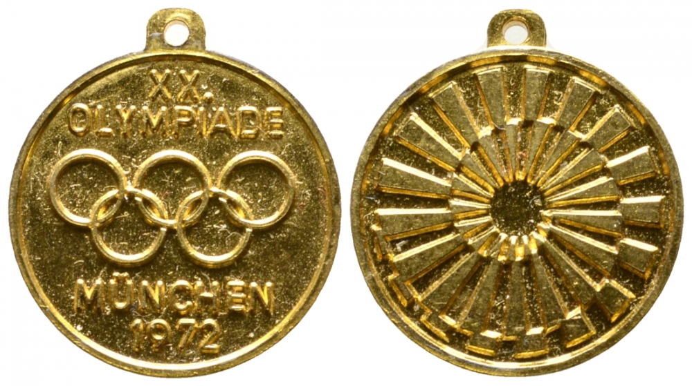ГЕРМАНИЯ МЕДАЛЬ 1972 ОЛИМПИЙСКИЕ ИГРЫ В МЮНХЕНЕ, С КОЛЬЦОМ ДЛЯ ПОДВЕСА, ДИАМЕТР 20 мм. желтый металл 97-112