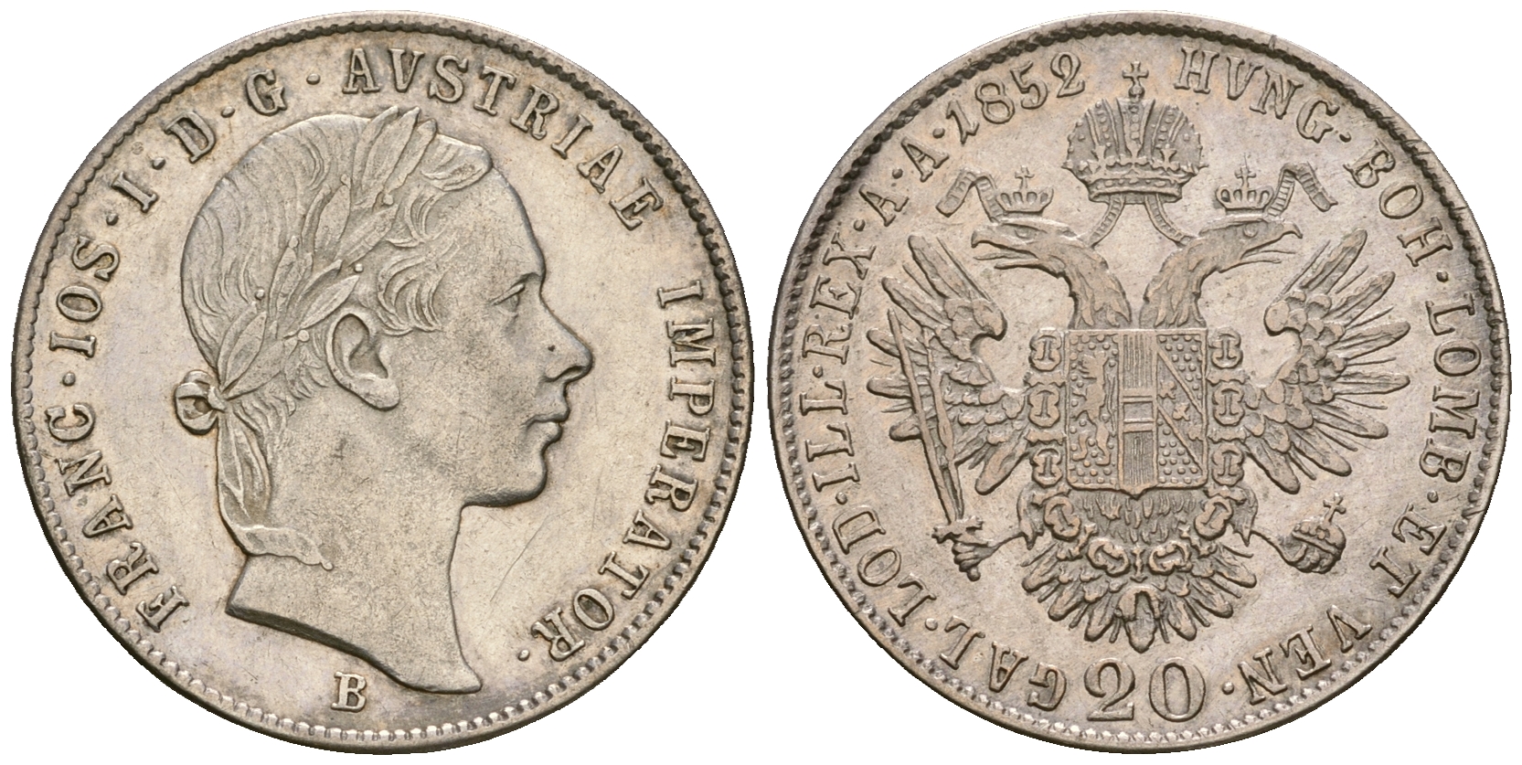 Австрия 20 крейцеров 1852 B, Франц Иосиф I (1848-1916) KM 2211 серебро UNC 413-5935