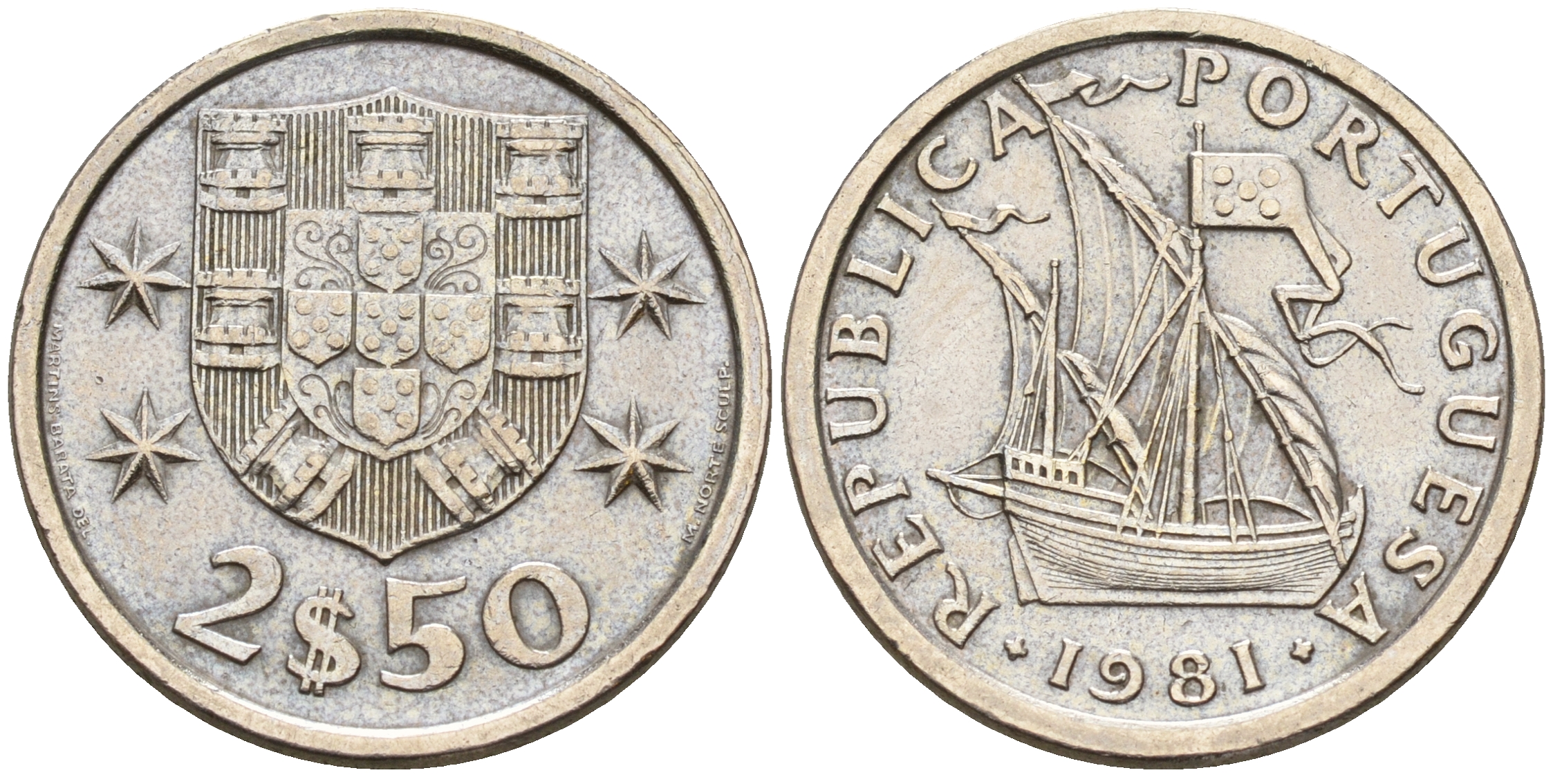 Португалия 2,5 эскудо 1981 парусник KM 590 медно-никель  UNC  4160-1226