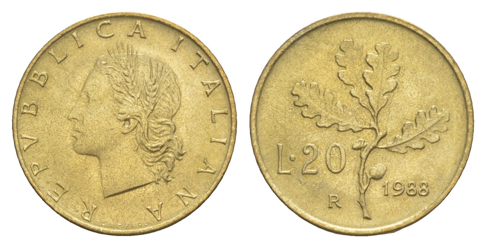 Италия 20 лир 1988 R, дубовая ветвь KM 97.2 алюминиевая бронза UNC 4549-136