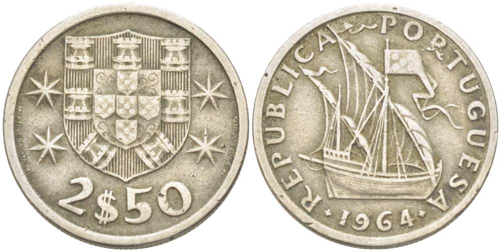 Португалия 2,5 эскудо 1964 парусник KM 590 медно-никель 4513-1133