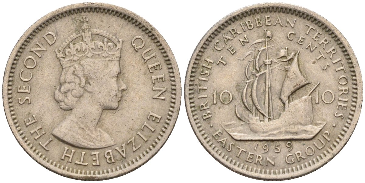 Британские Восточно-Карибские территории 10 центов 1959 Елизавета II (1952-2022), парусник KM 5 медно-никель 4596-518