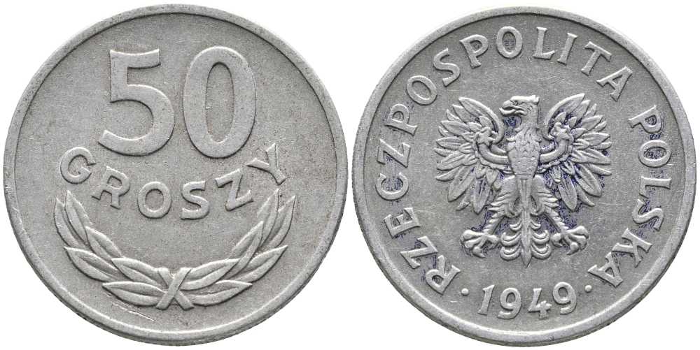 Польша 50 грошей 1949 KM 44а, Parchimowicz 209b алюминий 110-823