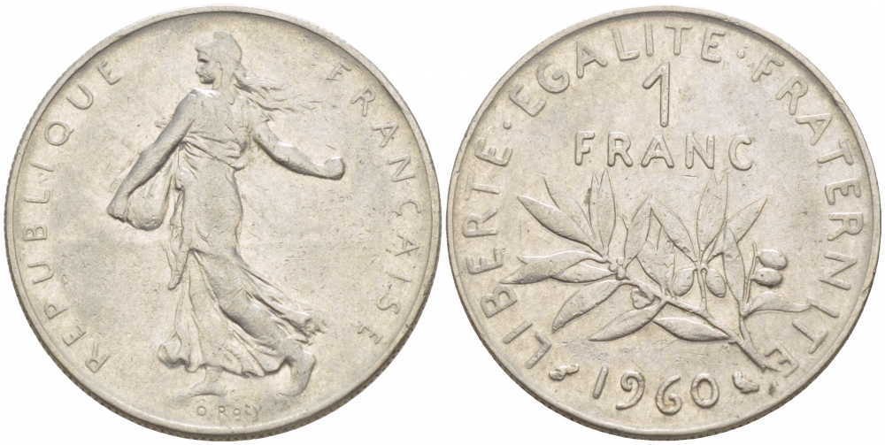 ФРАНЦИЯ 1 ФРАНК 1960 СЕЯТЕЛЬ KM 925.1, LE FRANC 226.4 никель 4546-1236