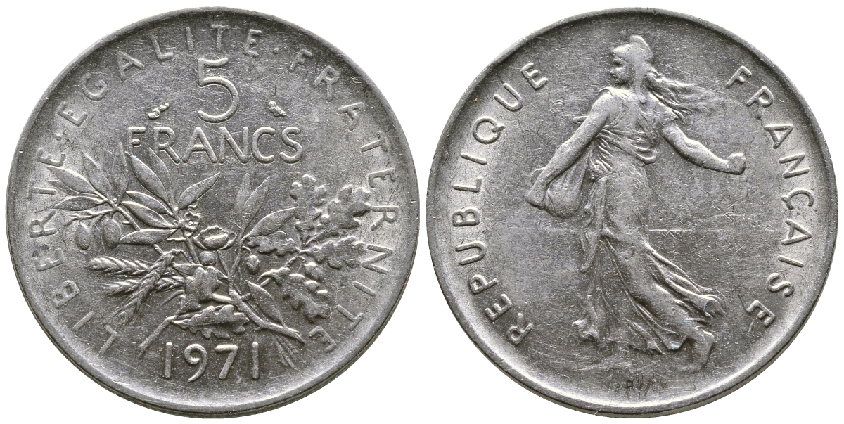 Франция 5 франков 1971 сеятель KM 926a.1, Le Franc 341.3 медно-никель плакированный никелем 51-4622