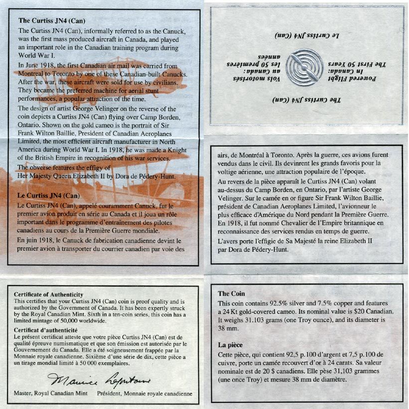 Канада 20 долларов 1992 самолет DH.60G Gipsy Moth в оригинальной коробке с сертификатом KM 225 серебро позолота PROOF 7-5-4-15