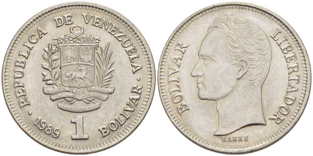 Венесуэла 1 боливар 1989 Симон Боливар KM 52a.2 сталь плакированная никелем 57-147